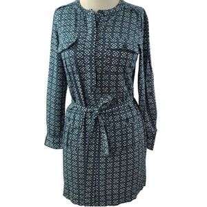 Banana Republic Blue Teal Geometric Henley‎ Shirt Dress Tie Waist Size 12